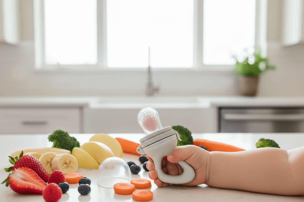 mesa de cocina llena de fruta y verdura cortada, brazo de un bebé sujetando el chupete fruit feeder