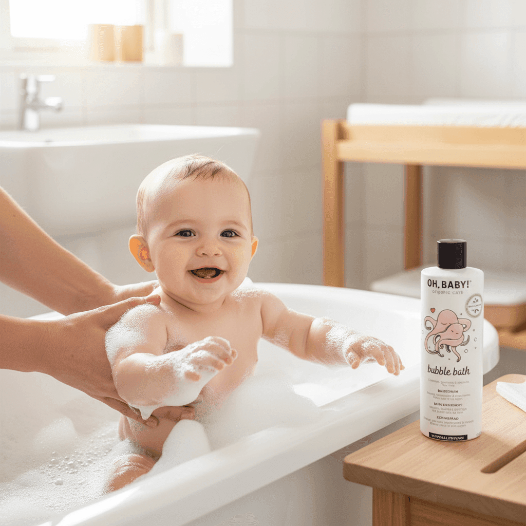 bebé en una bañera sonriente dándose baño de espuma.
