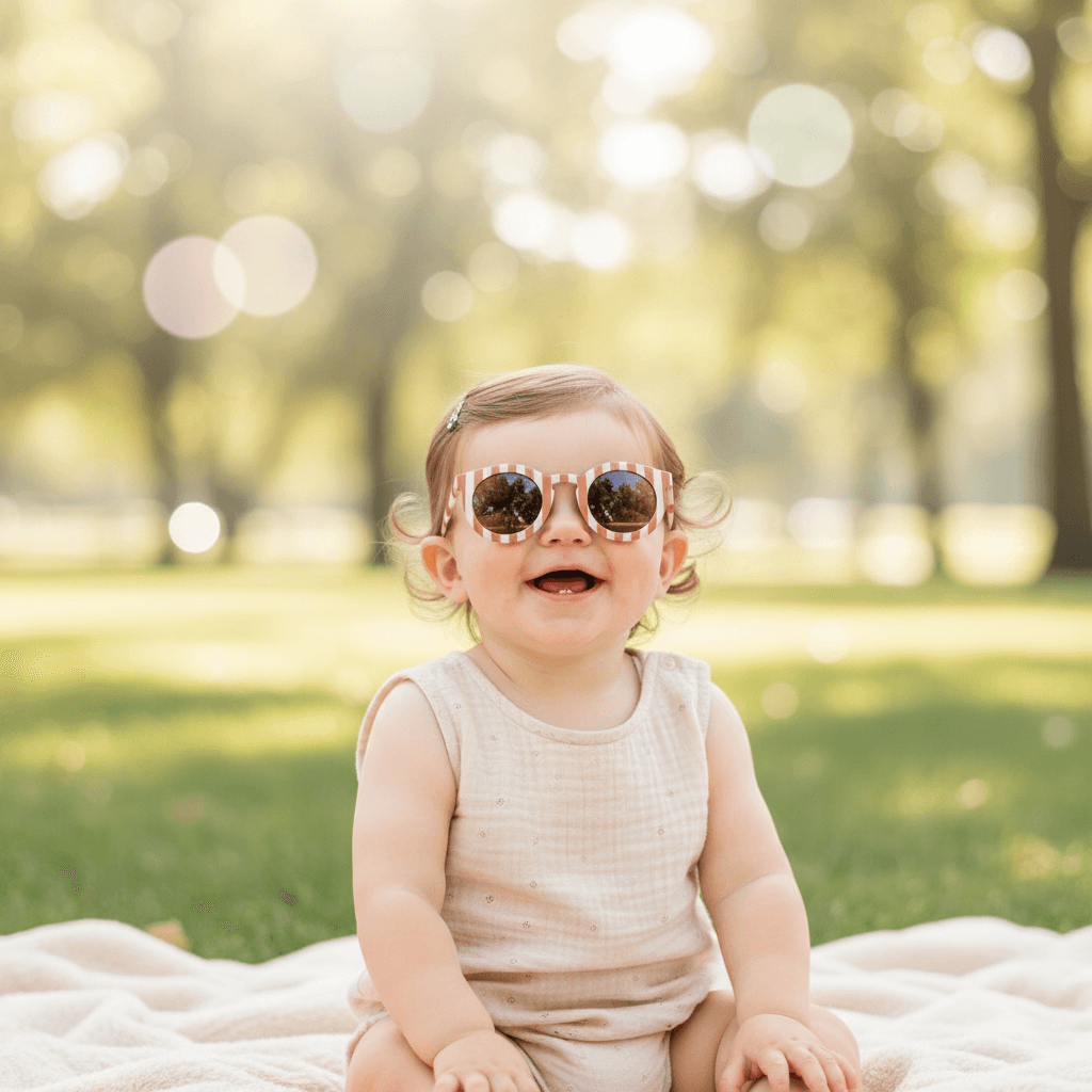bebé sentada en una toalla luciendo las gafas de sol rayadas y de fondo un parque con árboles