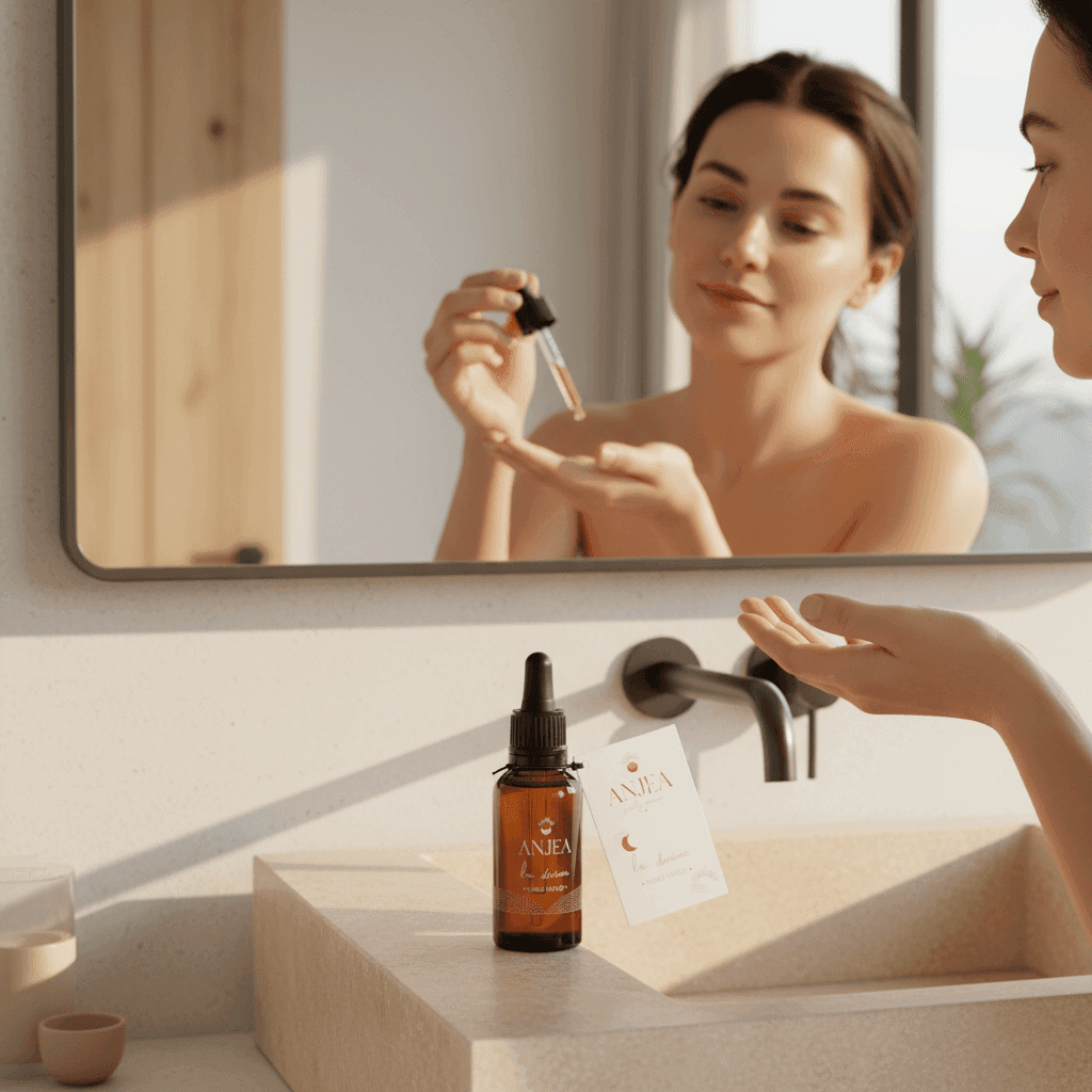 mujer poniéndose el aceite frente al espejo