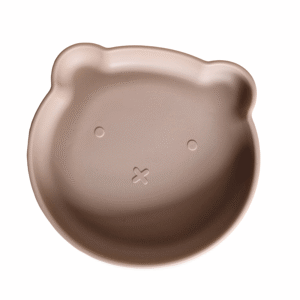 Plato de silicona infantil en forma de oso color arena con base de succión.