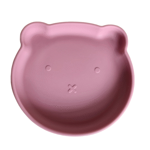 Plato de silicona infantil en forma de oso color rosa claro con base de succión.