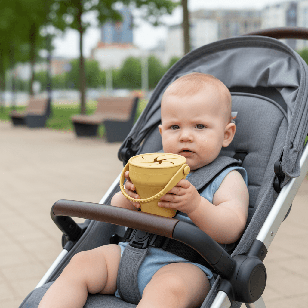 Bebé en carrito sosteniendo un recipiente de silicona para snacks con tapa flexible color ocre durante un paseo al aire libre en un parque urbano
