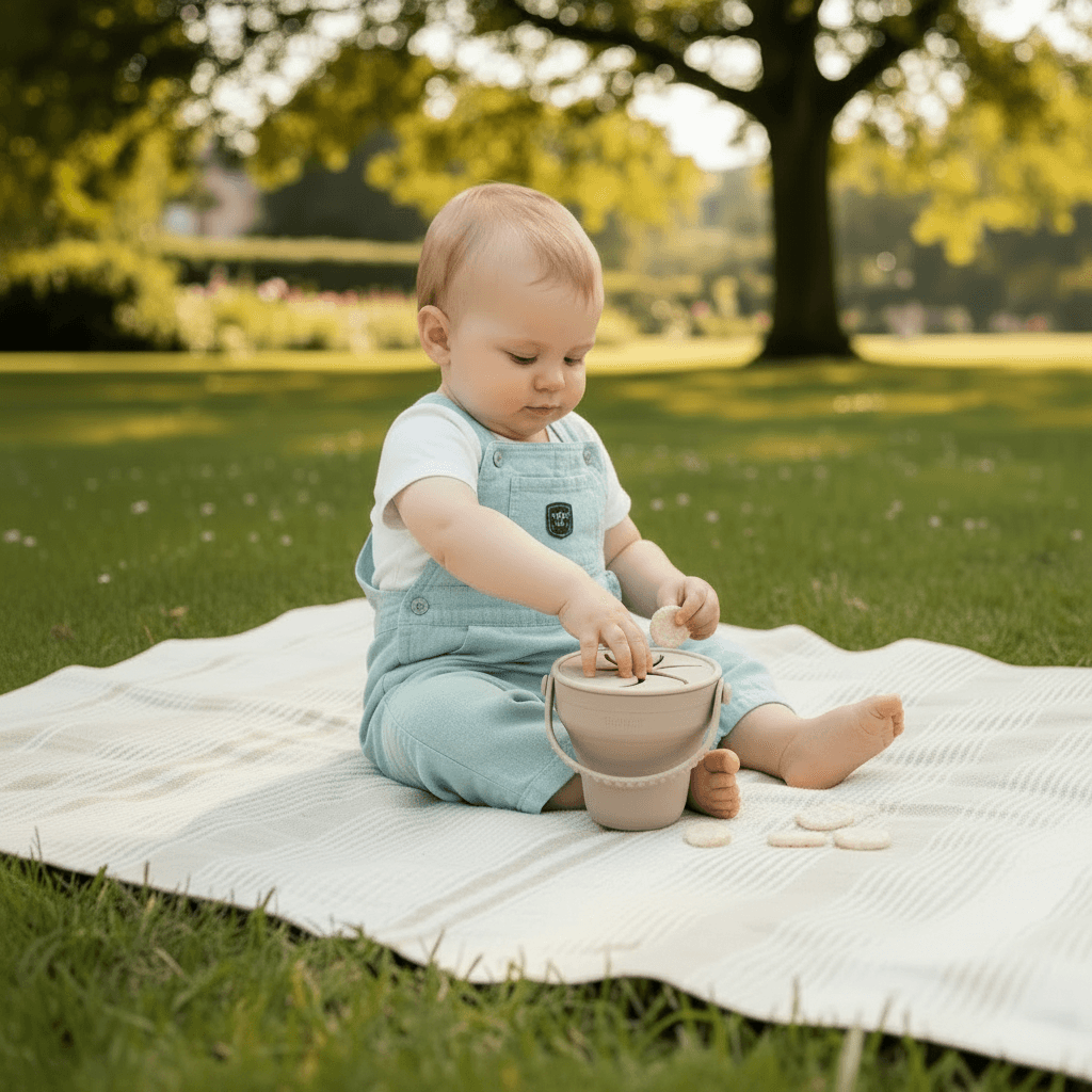Bebé sentado en una manta de picnic usando un recipiente de silicona para snacks color beige en un parque al aire libre