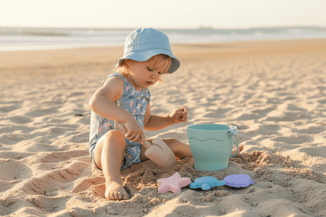niña jugando en la arena con el set de playa de animales marinos