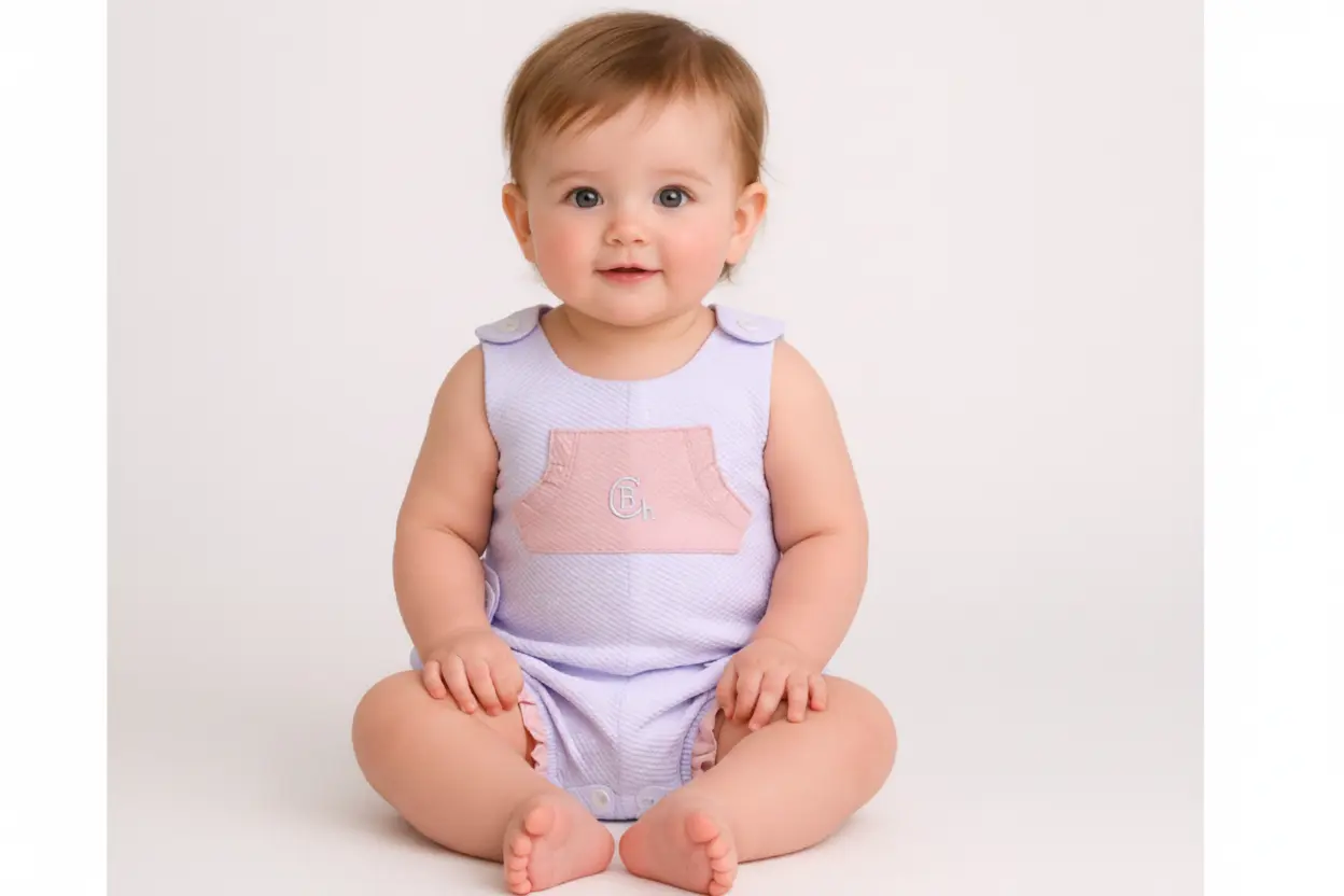 Bebé con Mono blanco con detalles en rosa de Chocolat Baby, 100% algodón, con botones en tirantes y entrepierna.