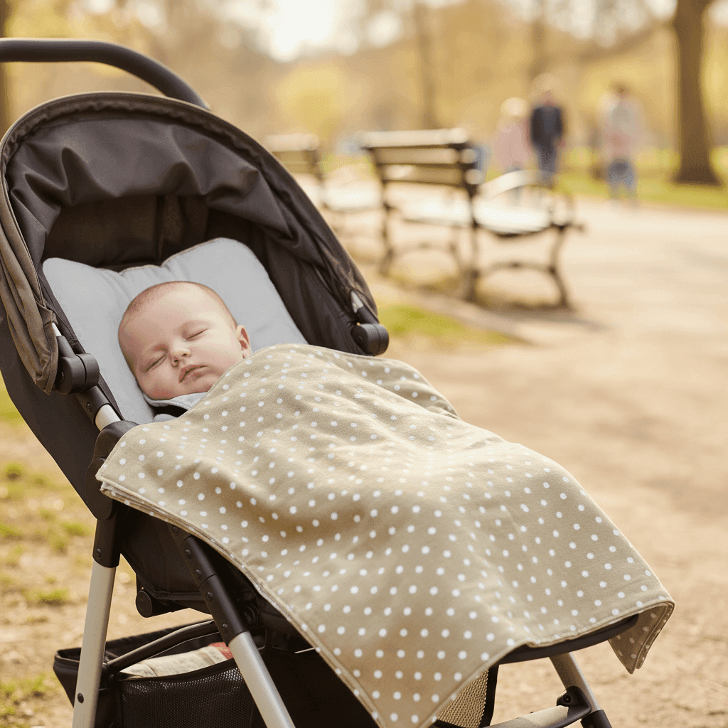 bebé dormido enun carrito en el parque tapado con una muselina