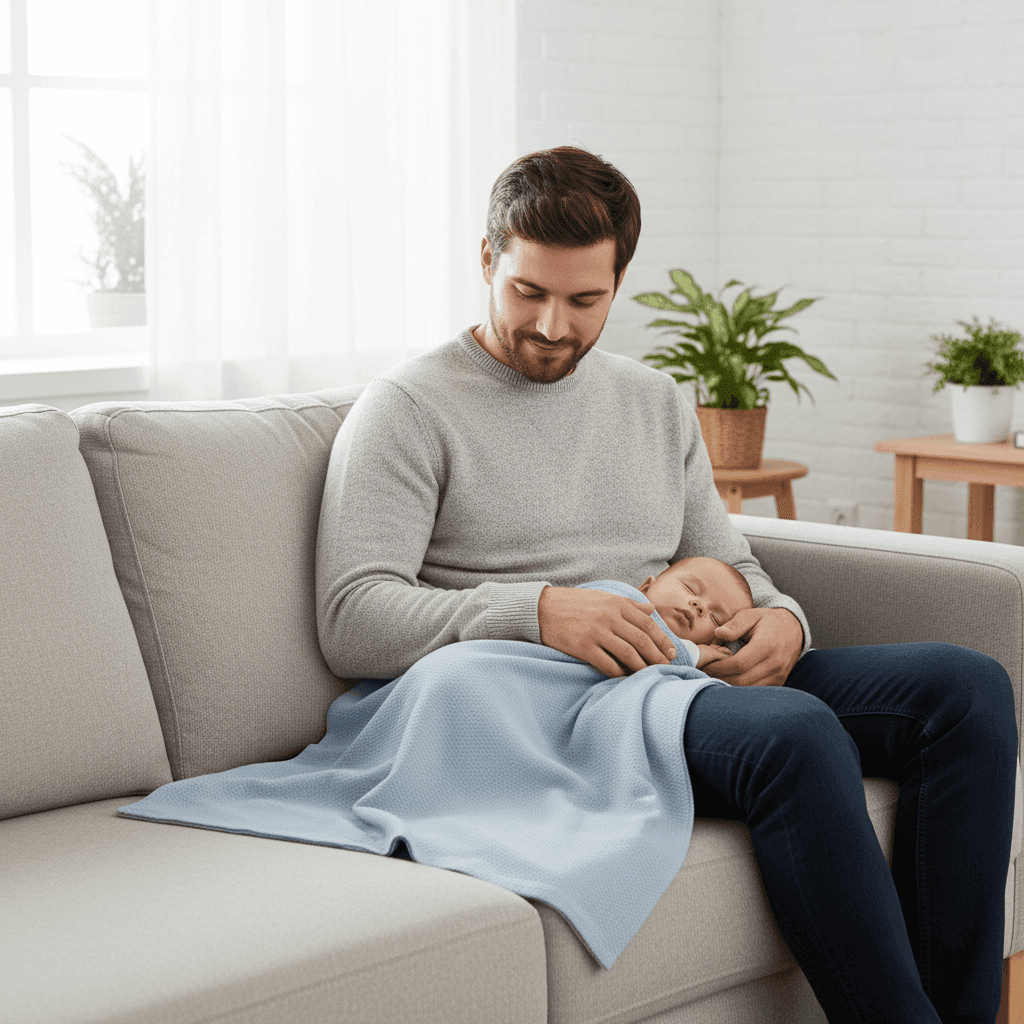 Hombre en el sofá con el bebé dormido encima, tapado con la muselina celeste