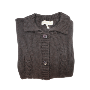 Saquito de lana gris marengo Chocolat Baby doblado mostrando el cuello y botones