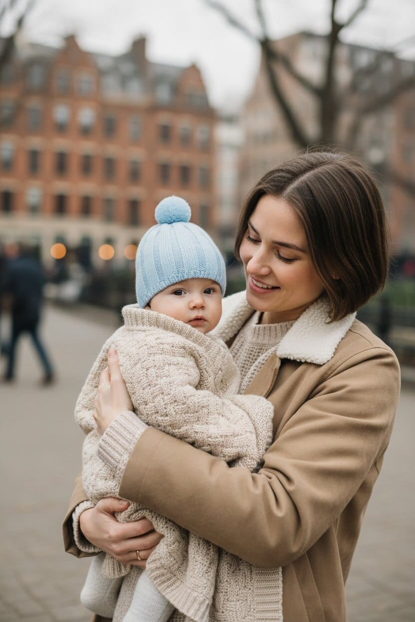 madre con su hijo en brazos, abrigado con un gorrito de lana con borla azul celeste