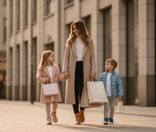 mujer y dos hijos andando por la calle de una ciudad con bolsas de comprar ropa