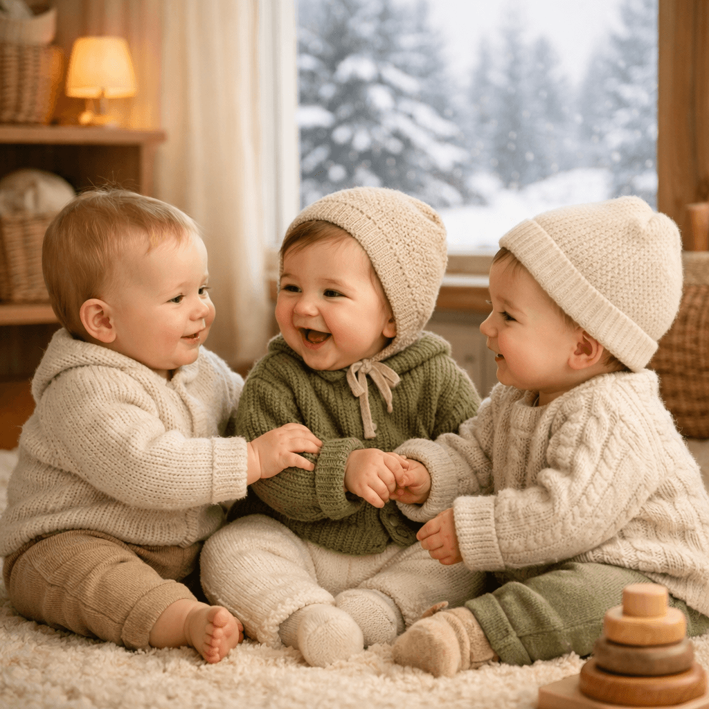 Bebés Jugando en Invierno 3 bebés jugando en una habitación con una ventana de fondo paisaje nevado
